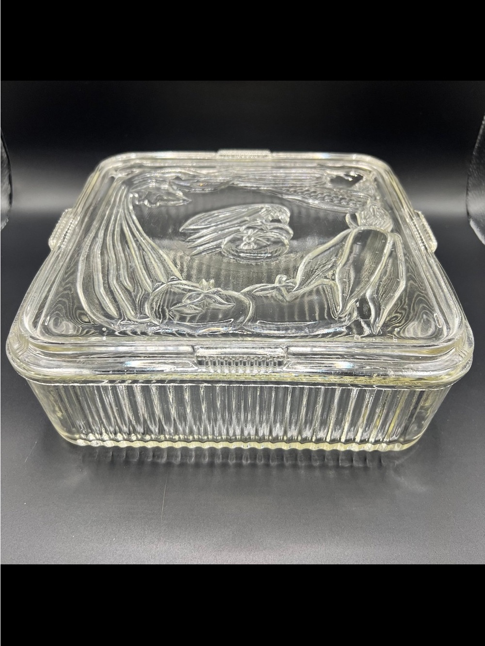 Vintage Federal Glass Refrigerator Dish with Embossed Vegetable Lid